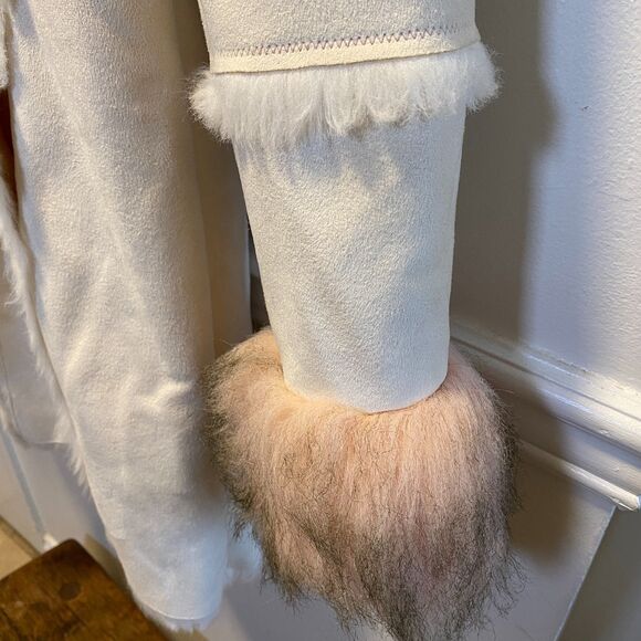 Y2K Glam VTG Bebe Penny Lane Faux Fur Suede Large Hooded Winter Coat Cream Pink - Picture 11 of 13